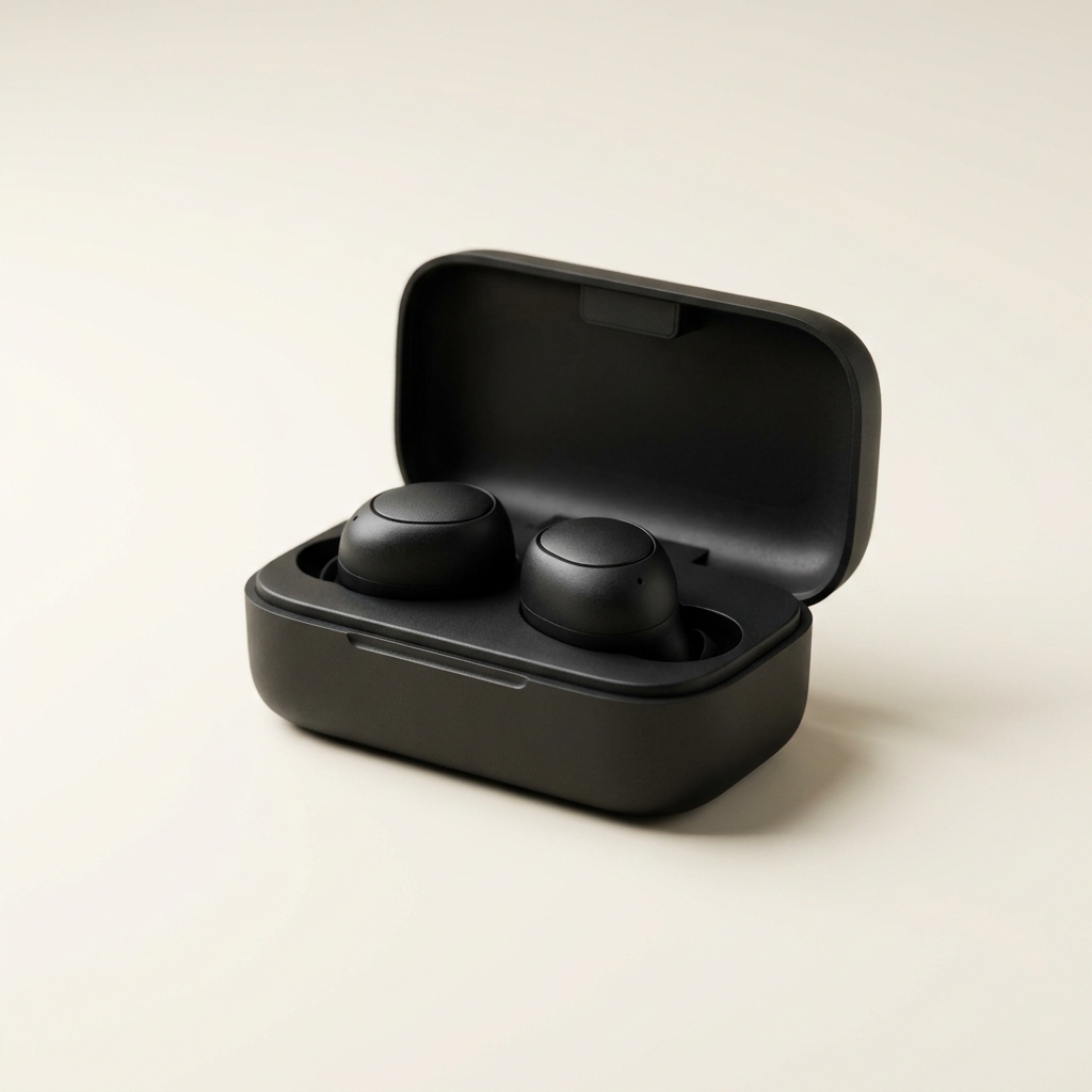 Open black earbud charging case with both buds seated, lit on a cream background