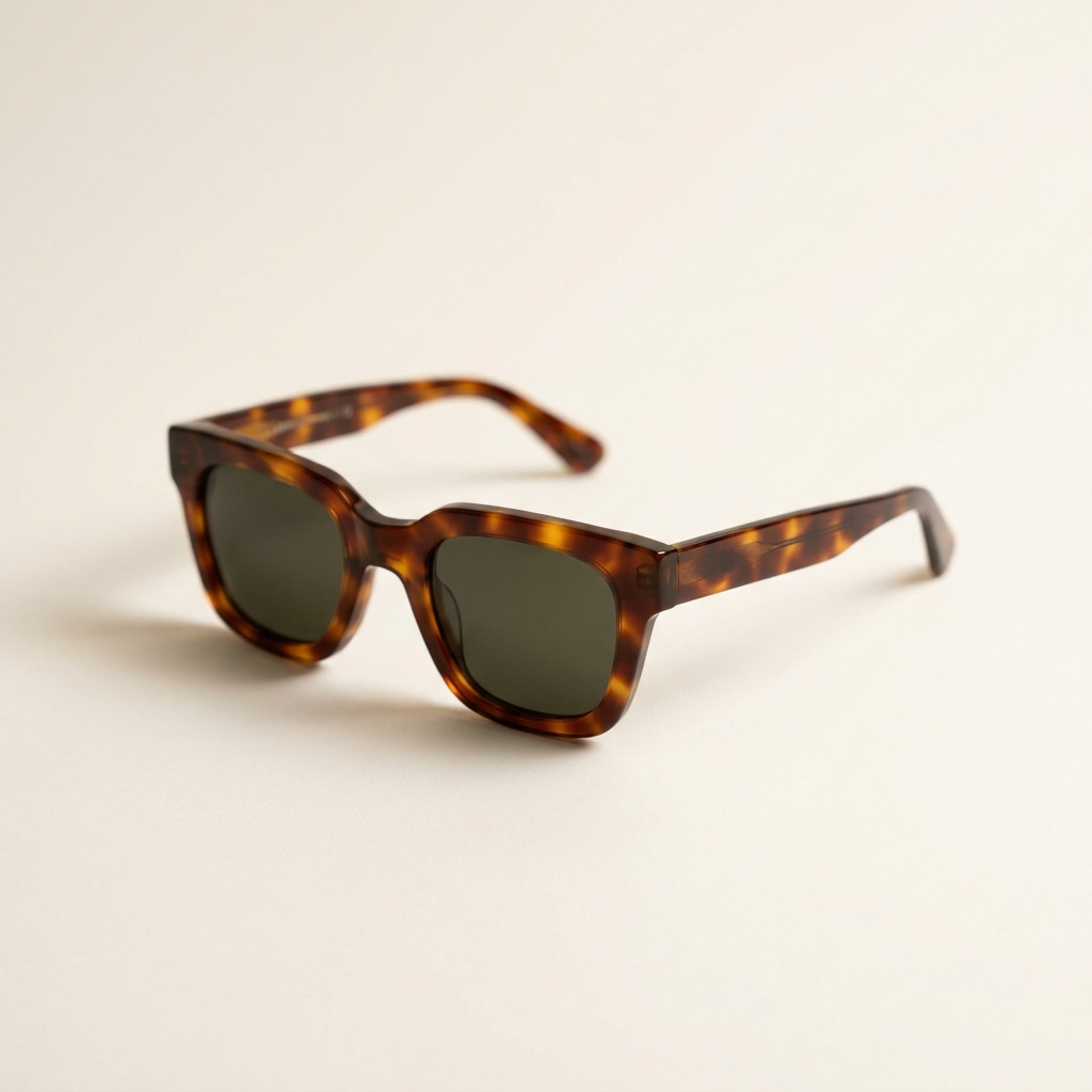 Acetate sunglasses shot square on white with a clean, reflection-free lens