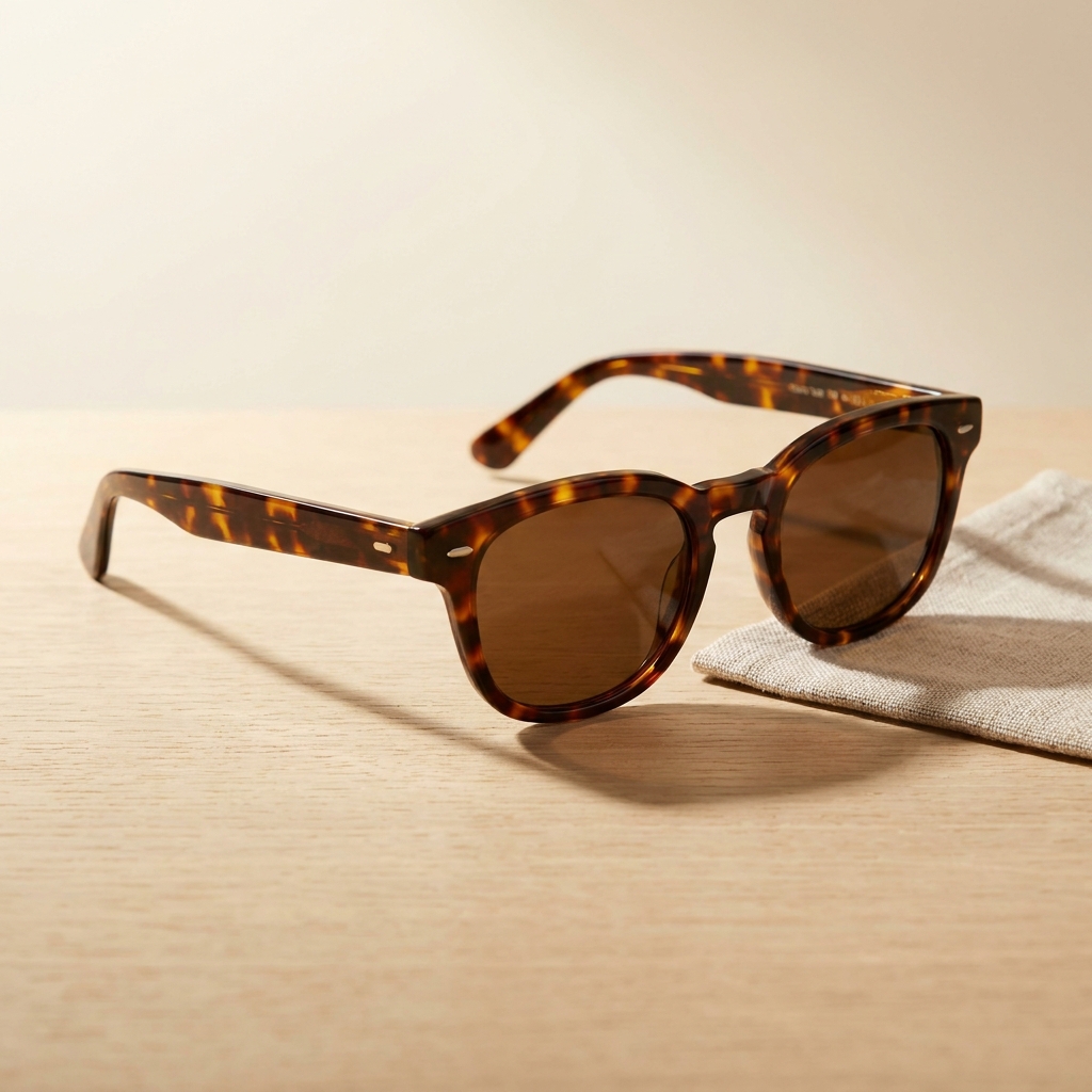 Eine Sonnenbrille in Hornoptik auf heller Eiche neben einem gefalteten Leinenetui