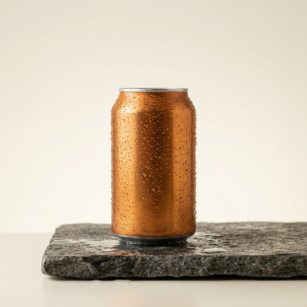 Chilled drinks can covered in condensation, standing on wet slate against cream