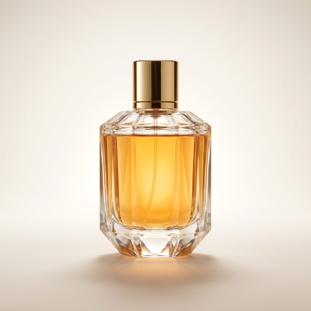 Faceted clear perfume bottle with amber juice and a gold cap on white