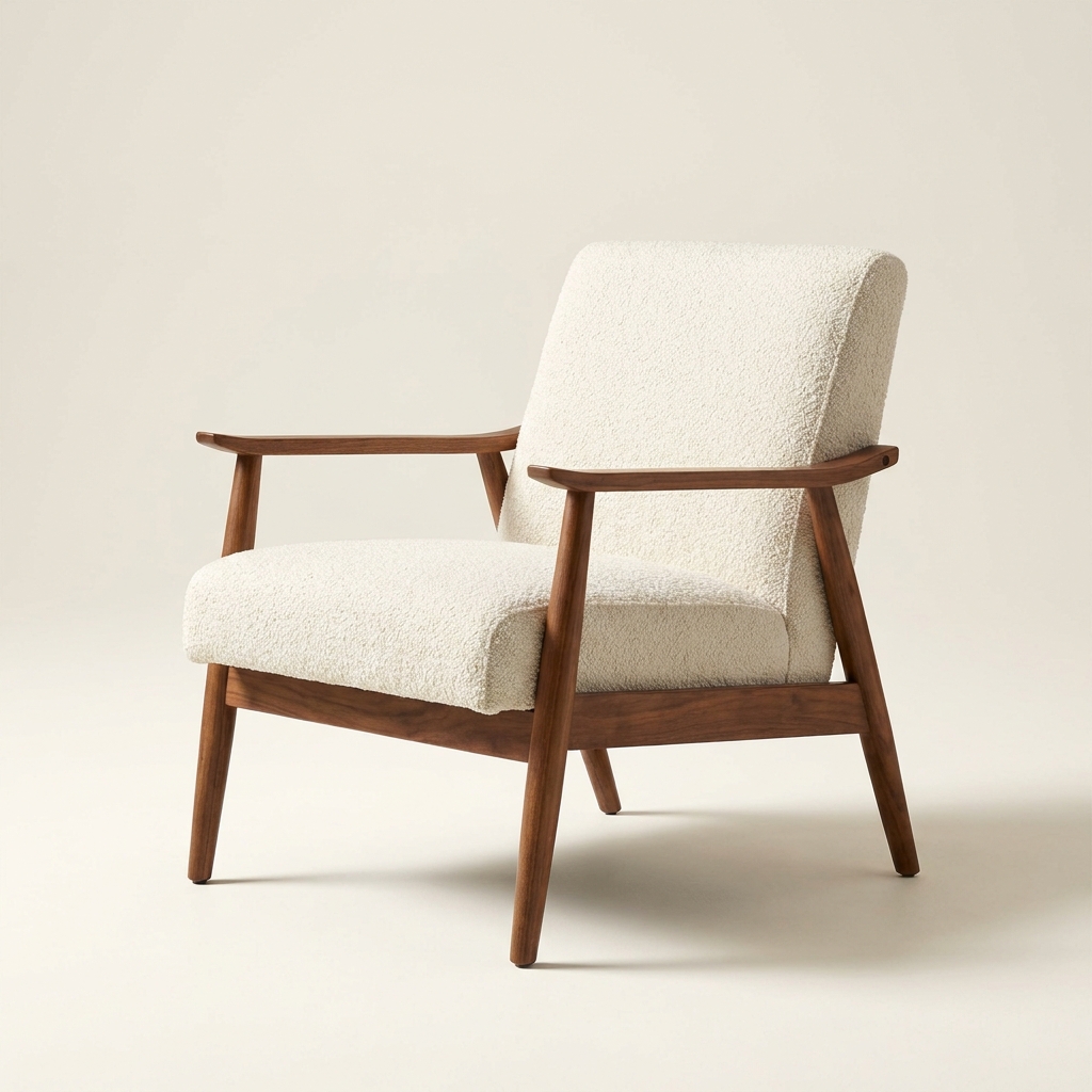 Walnut framed armchair in cream boucle, three quarter view on a plain background