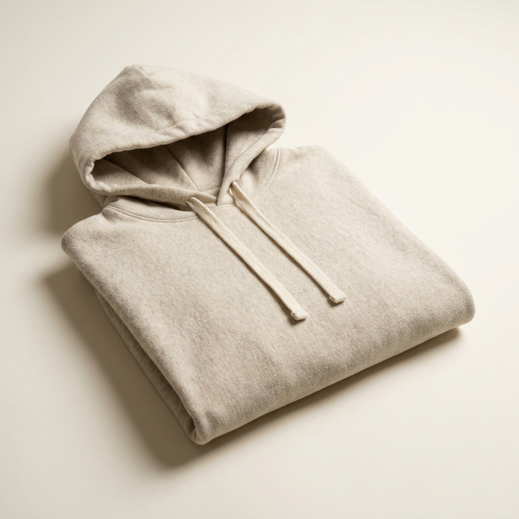 Folded heather hoodie on a pale backdrop with the hood shaped open
