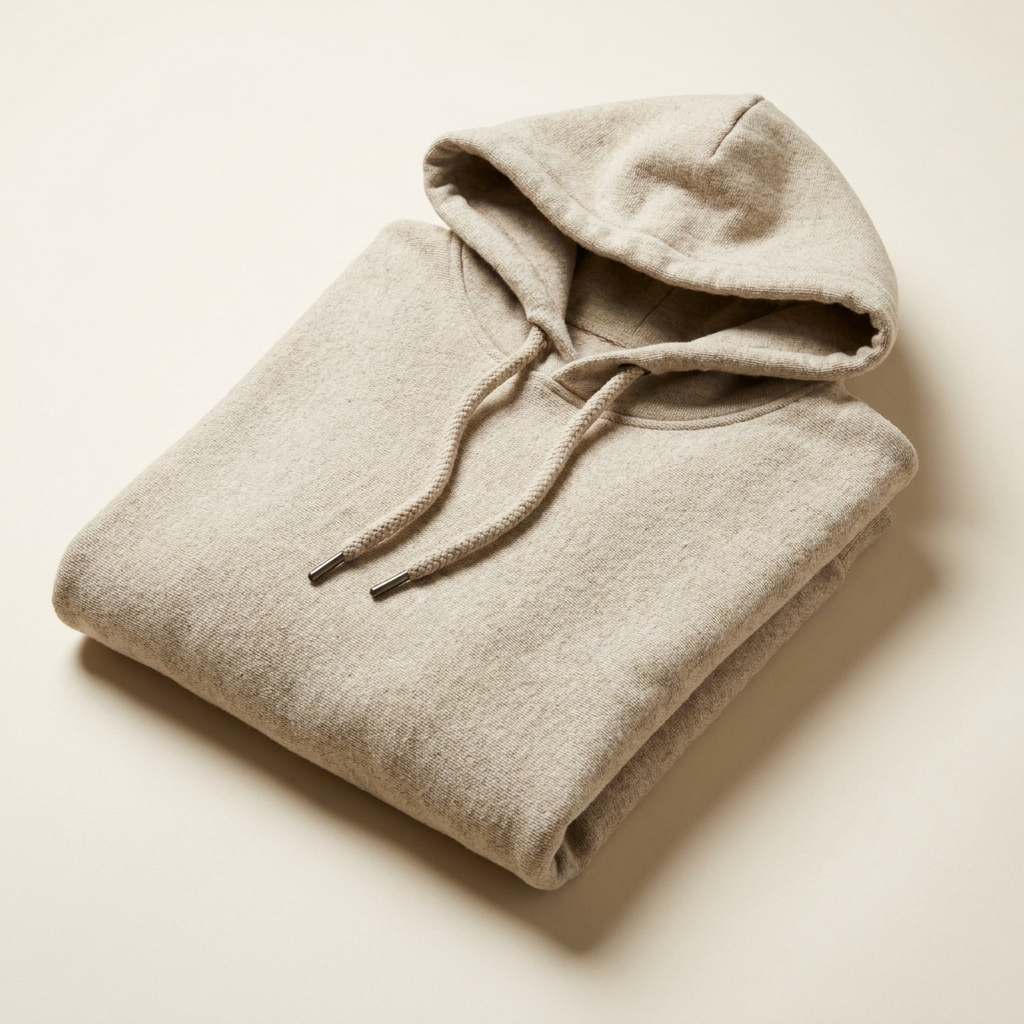 Eine Nahaufnahme desselben gefalteten Hoodies mit Loopback-Struktur und Kordelenden