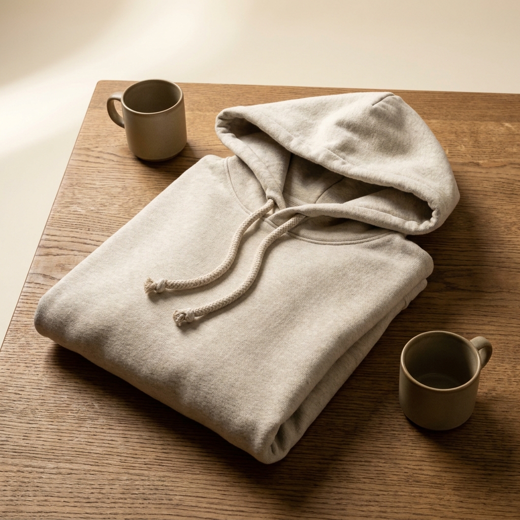 Derselbe Hoodie gefaltet auf einem Nussbaumtisch zwischen zwei Steinzeugbechern