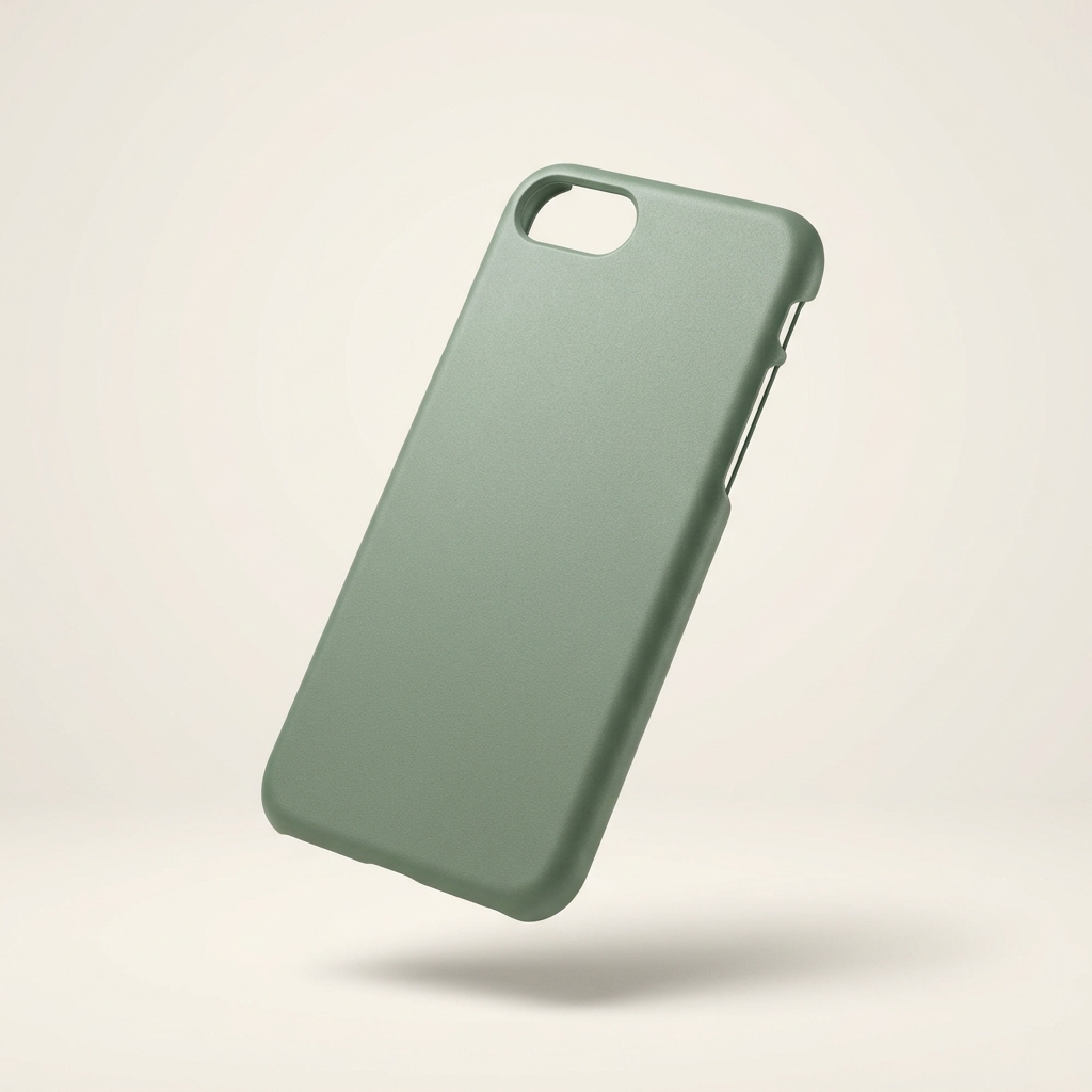 Sage green phone case floating at an angle on a pale studio background