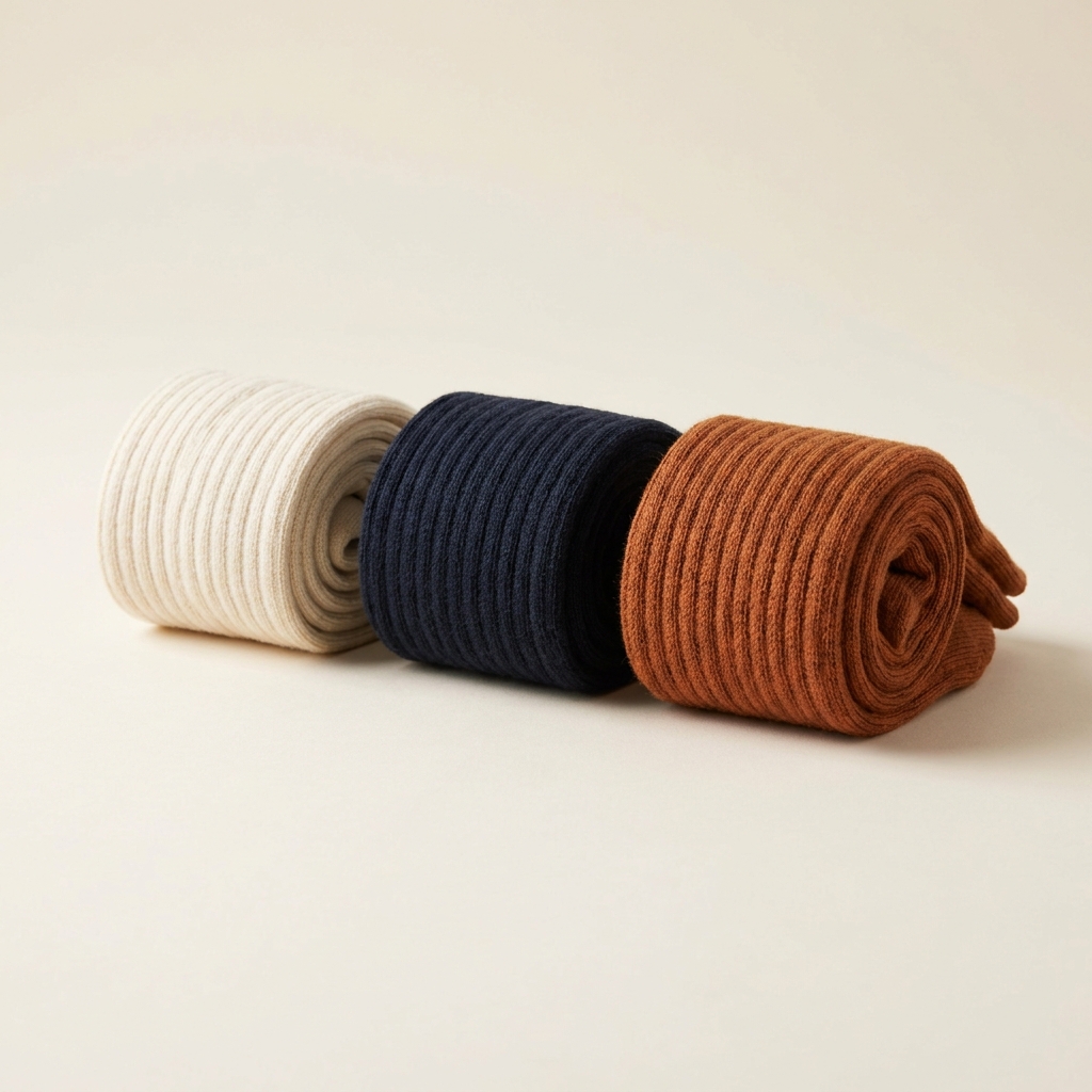 Three rolled ribbed socks in cream, navy and rust on a pale surface