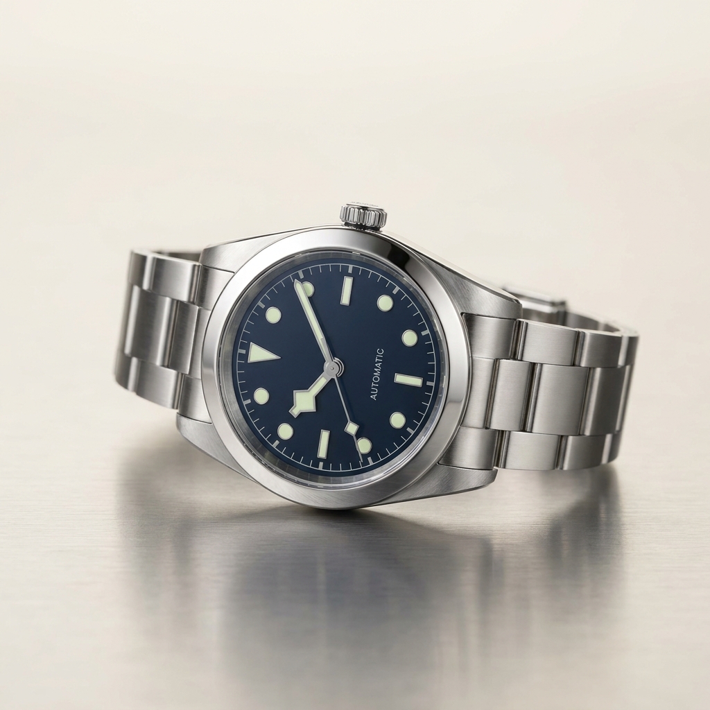 Watch dial photographed straight on with the hands set at ten past ten