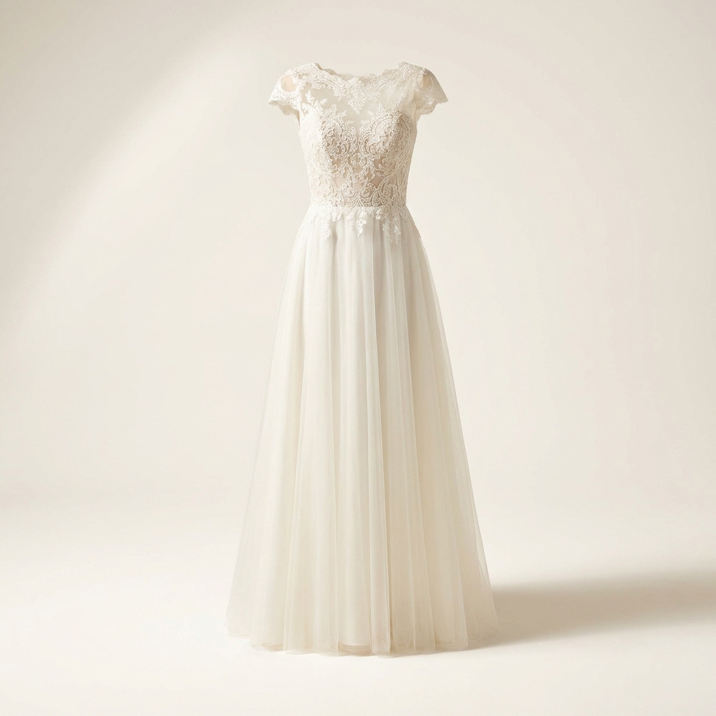 Ivory wedding gown photographed full length against a softly toned backdrop