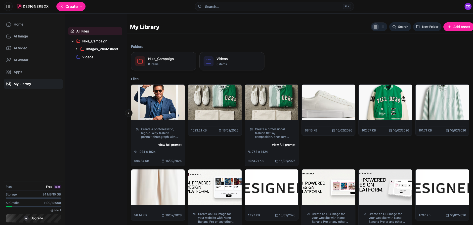My Library — Grid view with folders, thumbnails, and color-coded organization