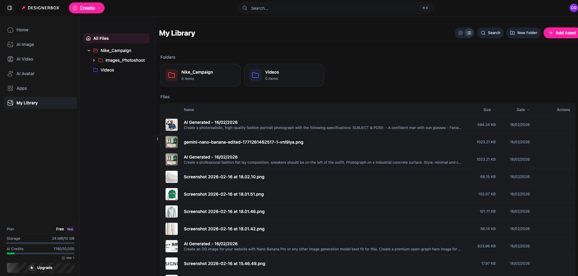 My Library — List view with detailed file information, names, dates, and sizes