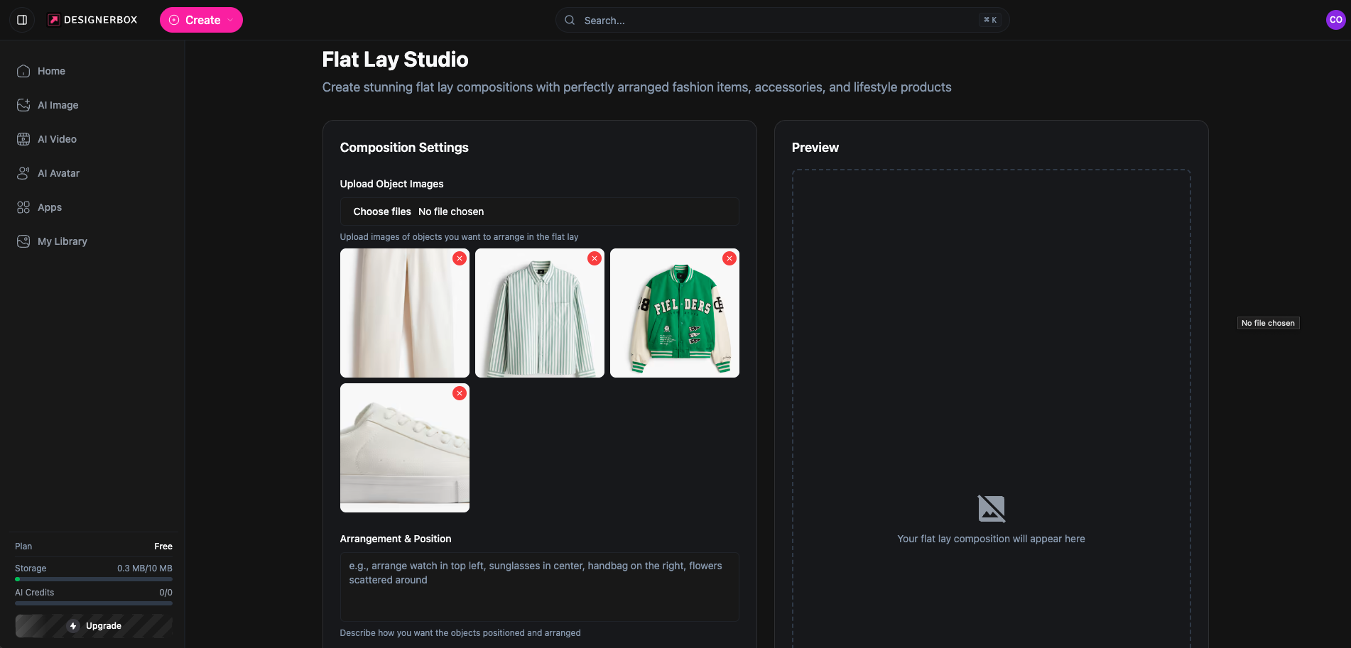 DesignerBox Flat Lay Studio interface showing uploaded products and composition settings