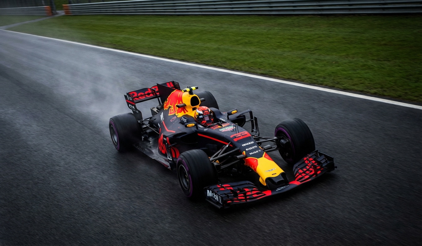 The same race car rendered from a high three-quarter angle by AI
