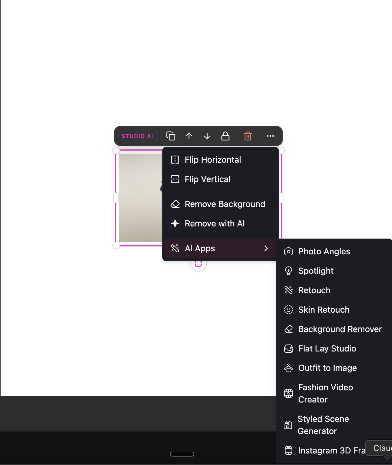 DesignerBox Studio AI toolbar showing context menu with Flip, Remove Background, and AI Apps submenu listing Photo Angles, Retouch, Skin Retouch, and more