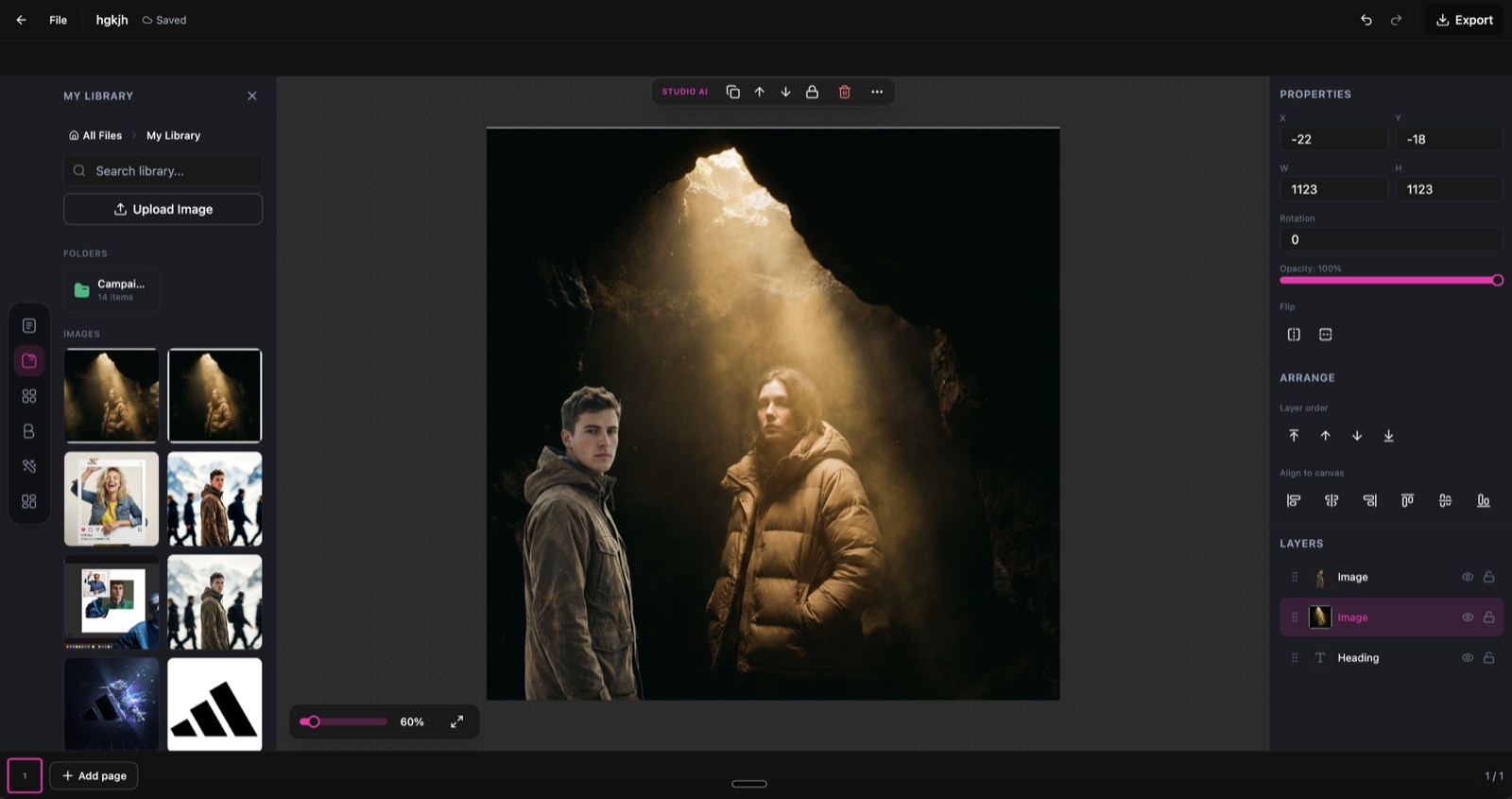 DesignerBox Studio editor showing layers panel and element arrangement