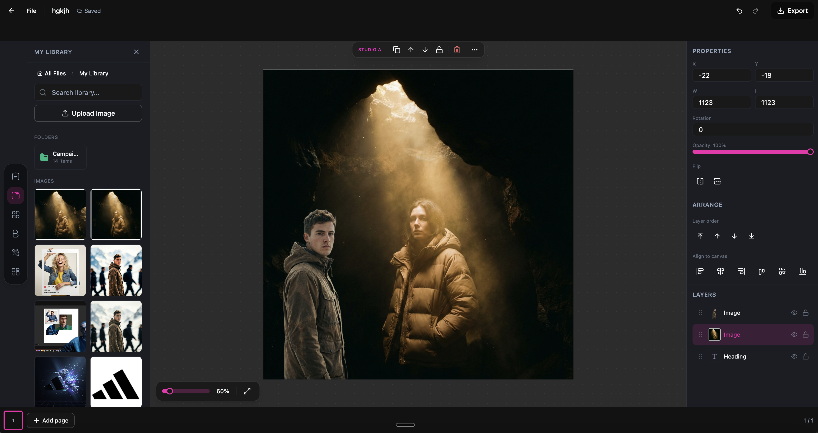 DesignerBox Studio editor showing layers panel and element arrangement