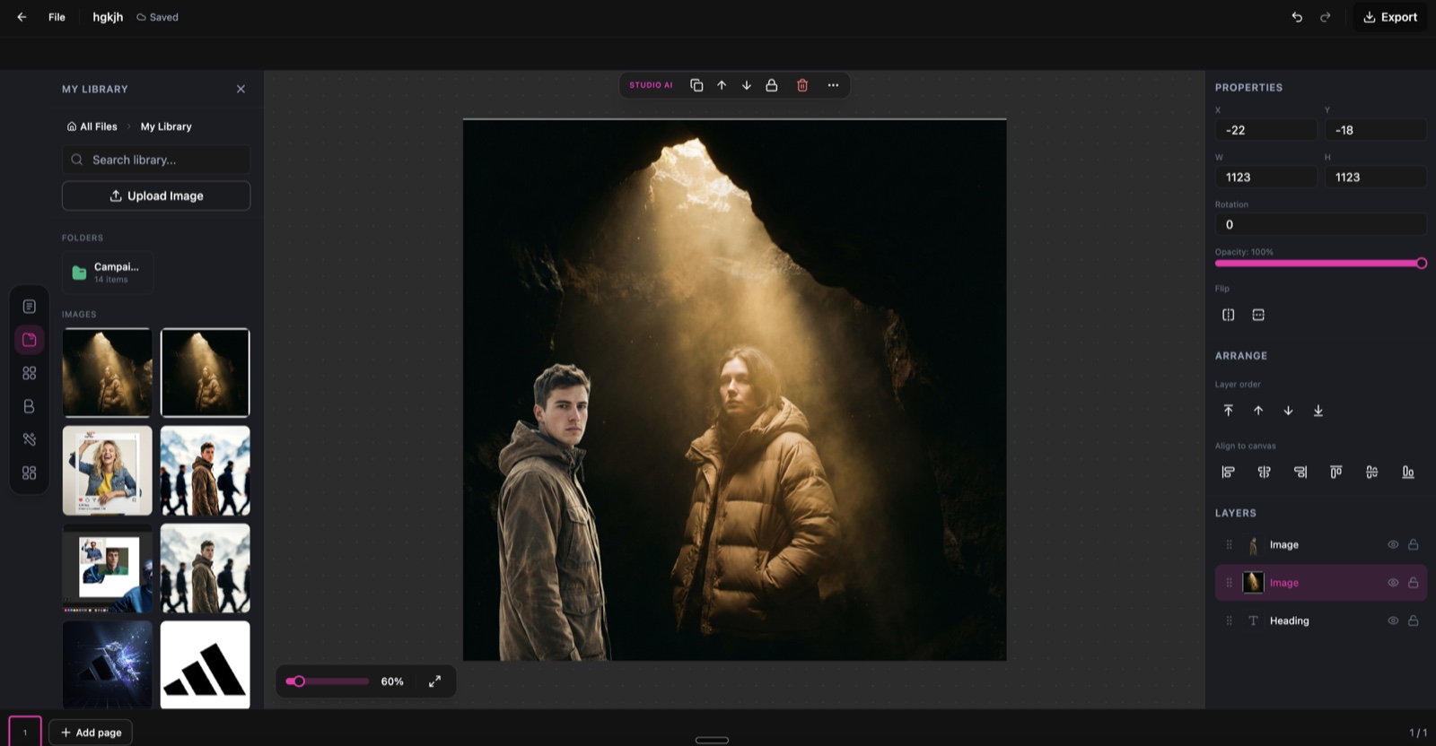 DesignerBox Studio editor showing the asset library and canvas with images