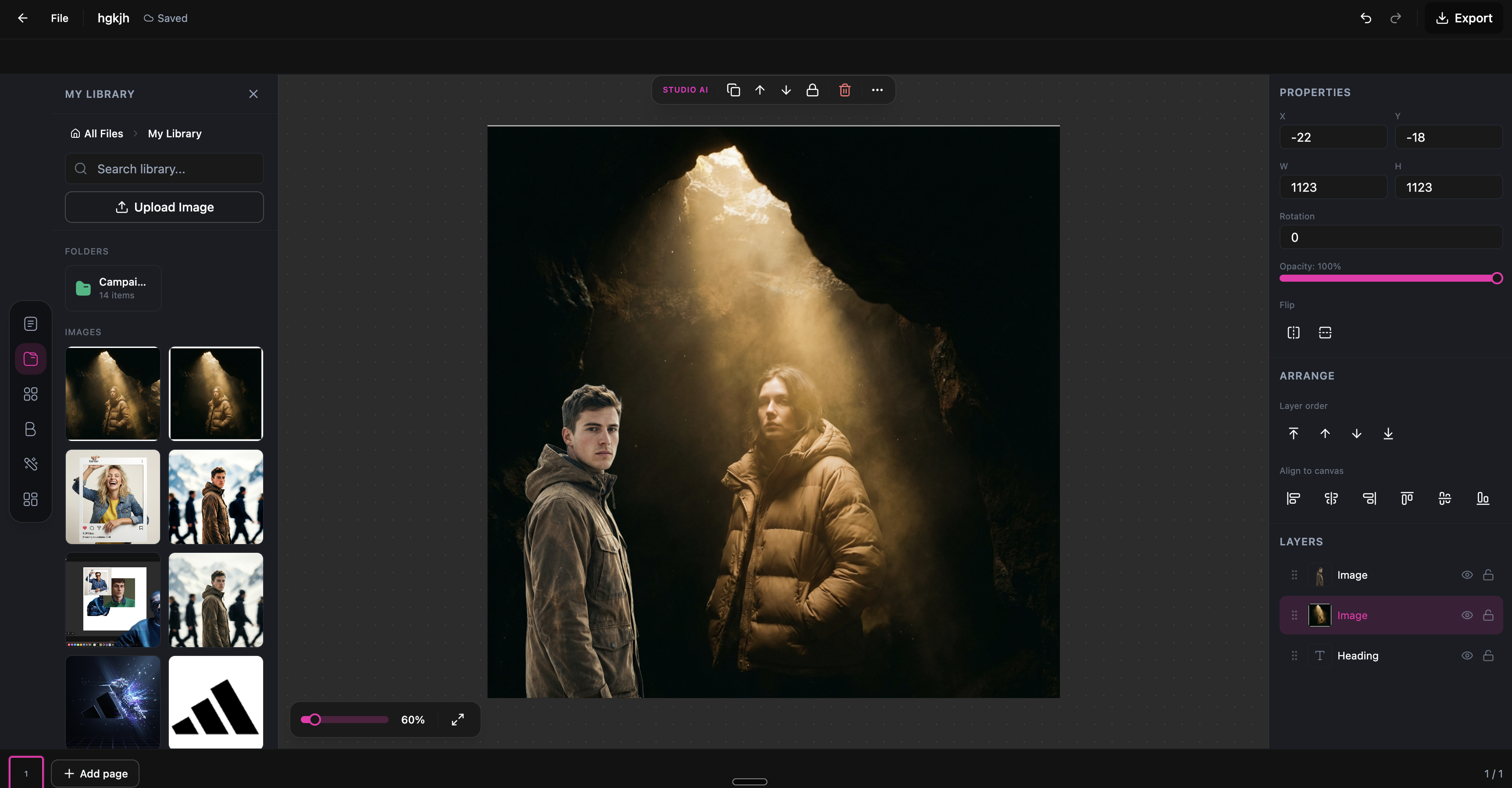 DesignerBox Studio editor showing the asset library and canvas with images