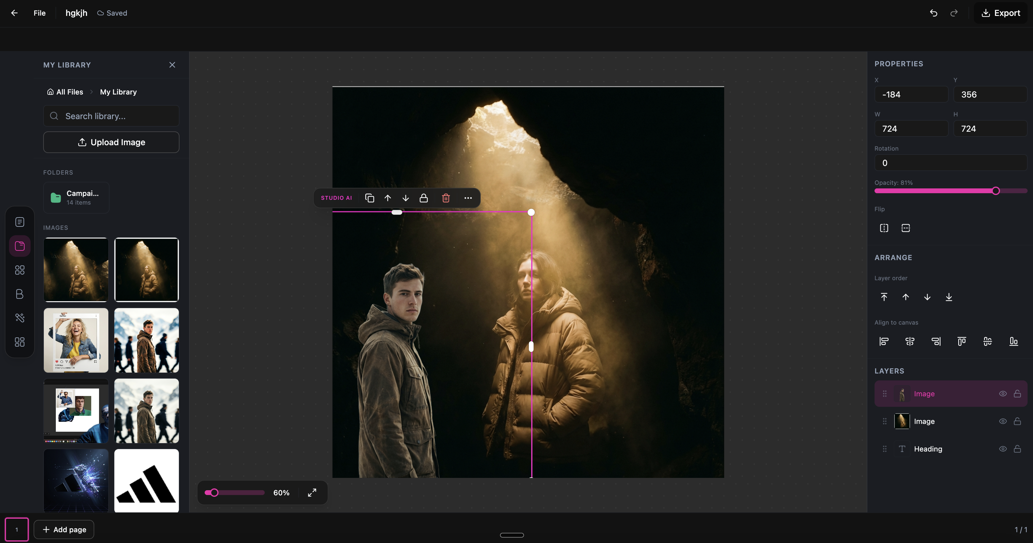 DesignerBox Studio editor with image selected showing the STUDIO AI floating toolbar