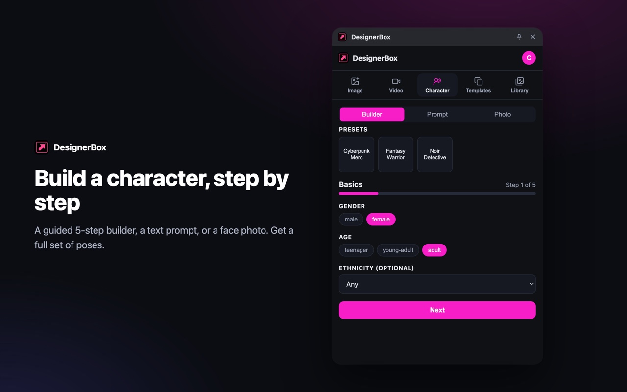 DesignerBox side panel creating a character next to a web page