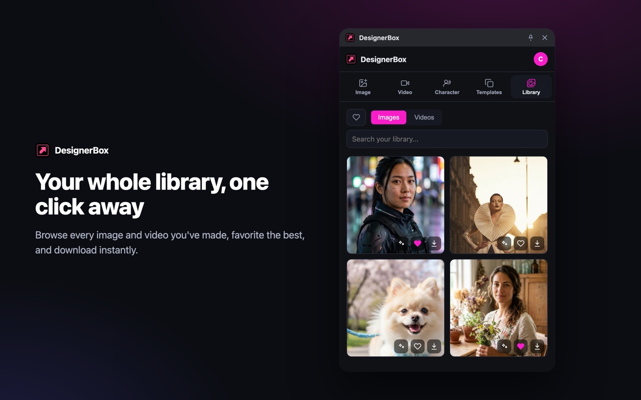 DesignerBox library with generated images and videos in the Chrome side panel