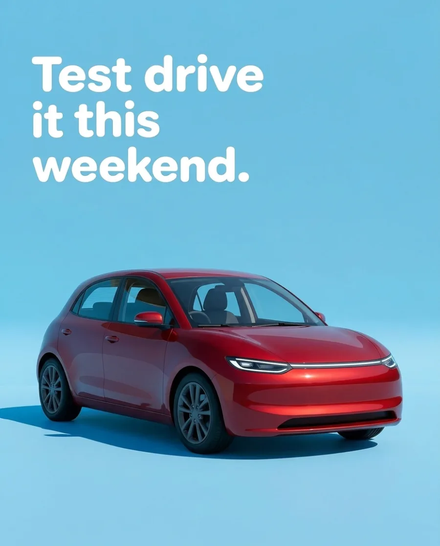 An ad for a red hatchback on sky blue with the headline Test drive it this weekend, made with AI