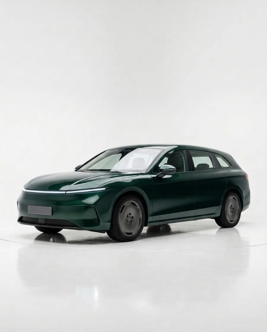 A dark green estate car in a bright white studio with soft reflections on the floor, made with AI