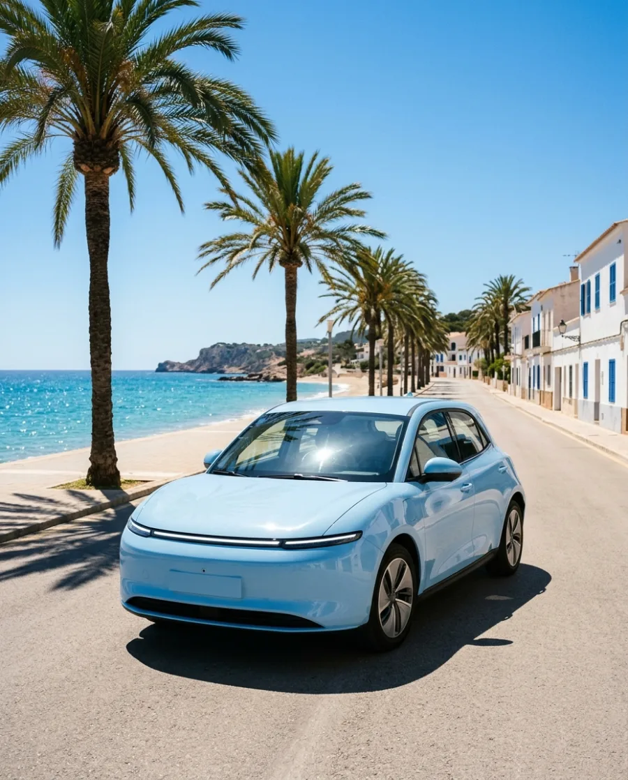 A sky-blue small electric car drives along a palm-lined street by the sea, made with AI