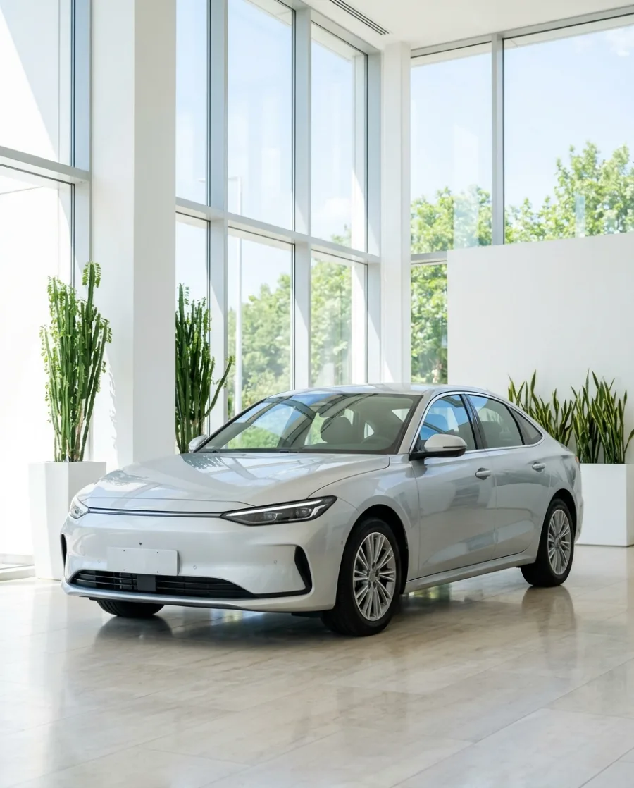A silver saloon car in a bright glass showroom with a polished floor and green plants, made with AI