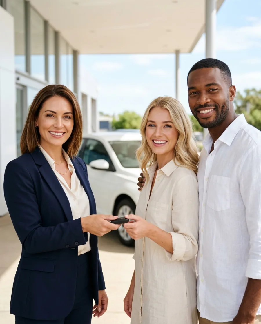 A smiling saleswoman hands car keys to a happy young couple beside a white car on a sunny forecourt, made with AI