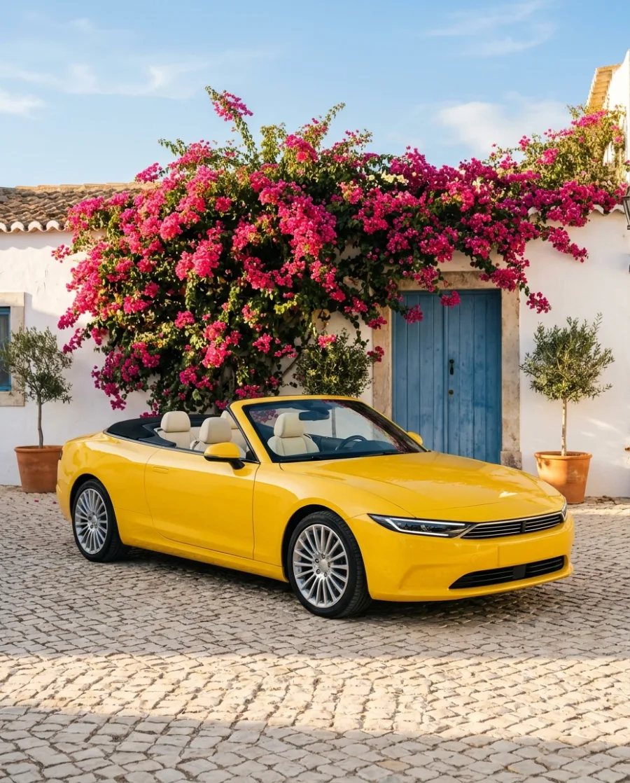 A yellow convertible parked by a white villa wall with pink bougainvillea in golden afternoon light, made with AI