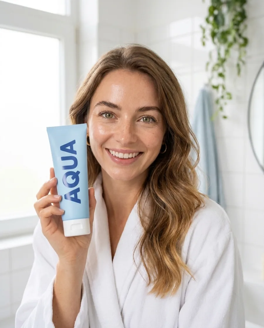 A smiling woman in a white bathrobe holds a pale blue tube of skin cream labelled AQUA by her cheek, made with AI