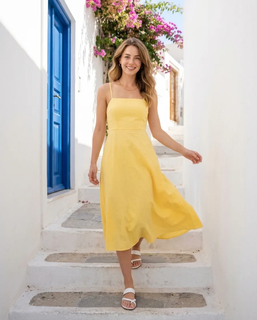 A smiling woman in a yellow sundress walks down sunny white steps by a blue door, made with AI