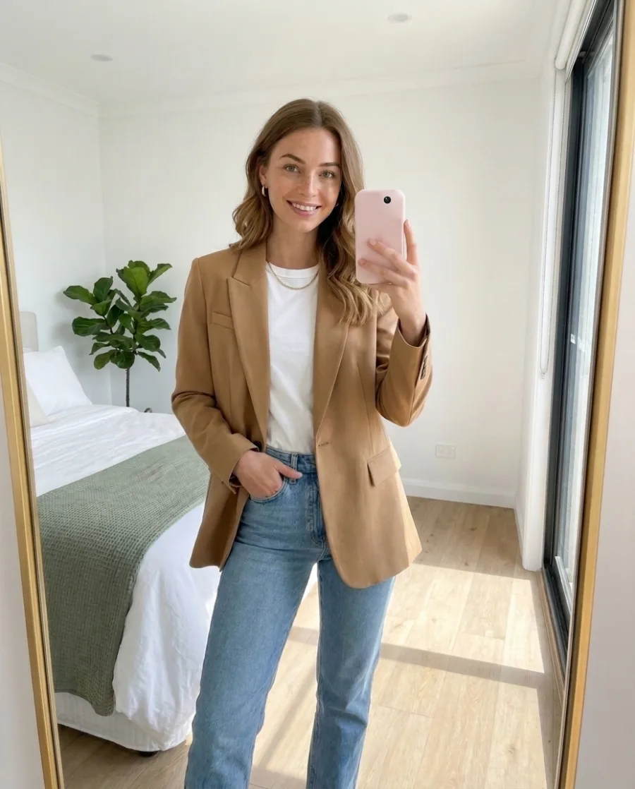 A smiling woman in a camel blazer and jeans takes a mirror selfie in a bright bedroom, made with AI