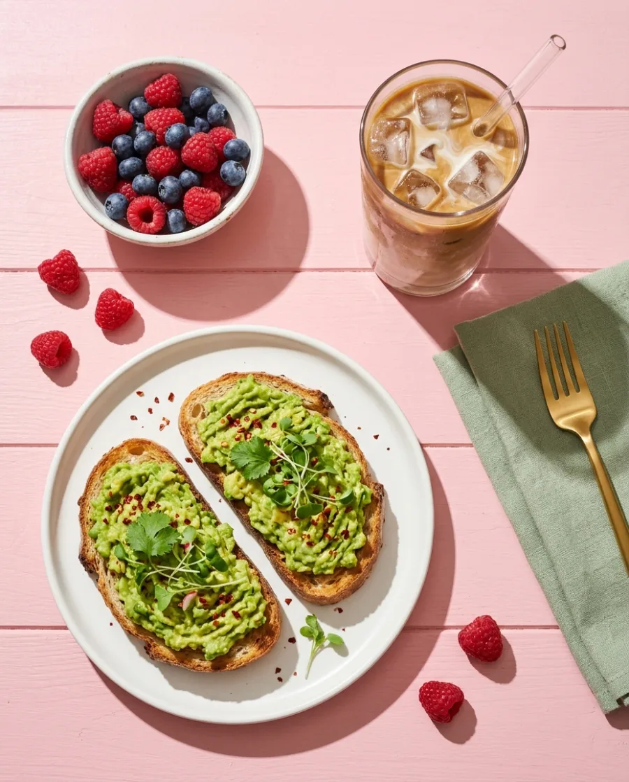 A brunch on a pink table seen from above: avocado toast, a bowl of berries and an iced latte in the sun, made with AI