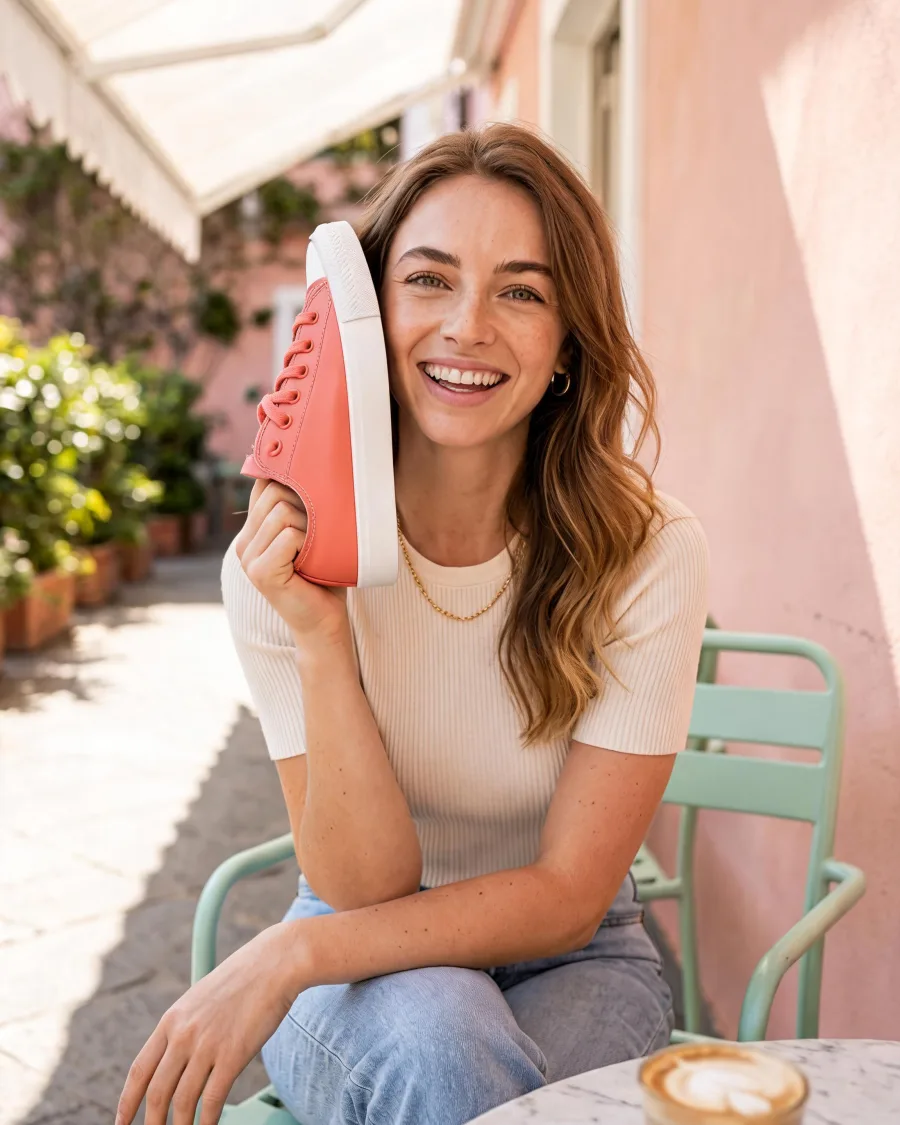 A smiling woman on a café chair holds a coral sneaker next to her face, made with AI
