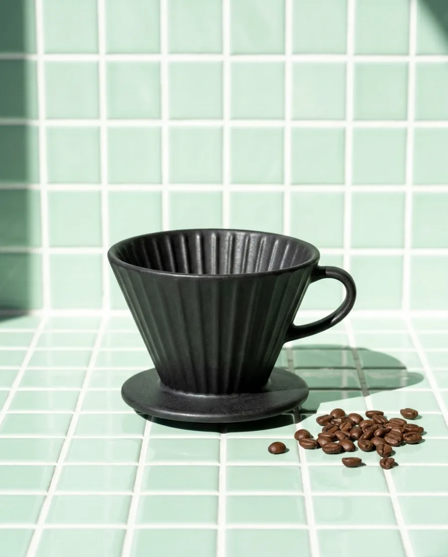 A matte black ceramic pour-over coffee dripper on a pale green tiled counter in bright sun, made with AI
