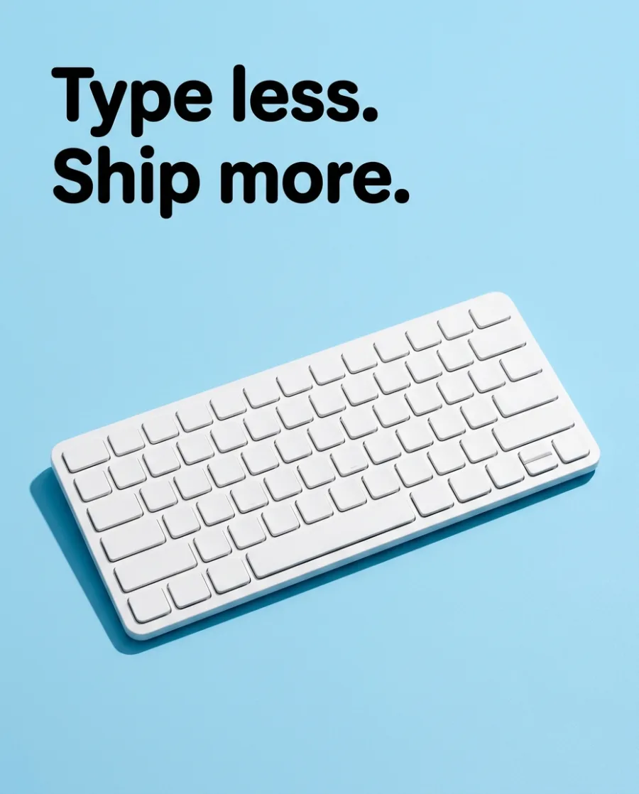 An ad for a white wireless keyboard on a sky-blue desk with the headline "Type less. Ship more.", made with AI