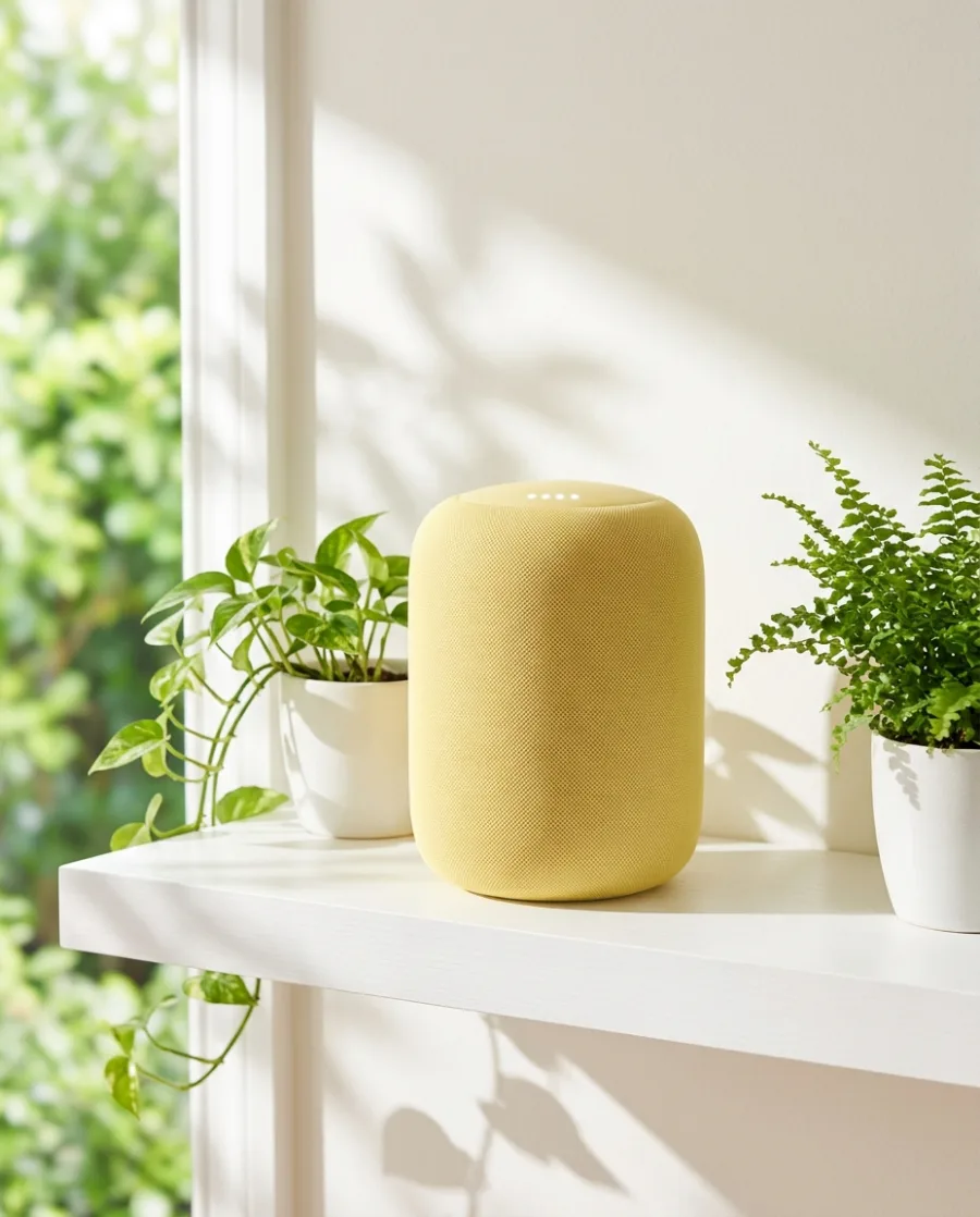 A pastel yellow smart speaker on a white shelf with plants in a sunny room, made with AI
