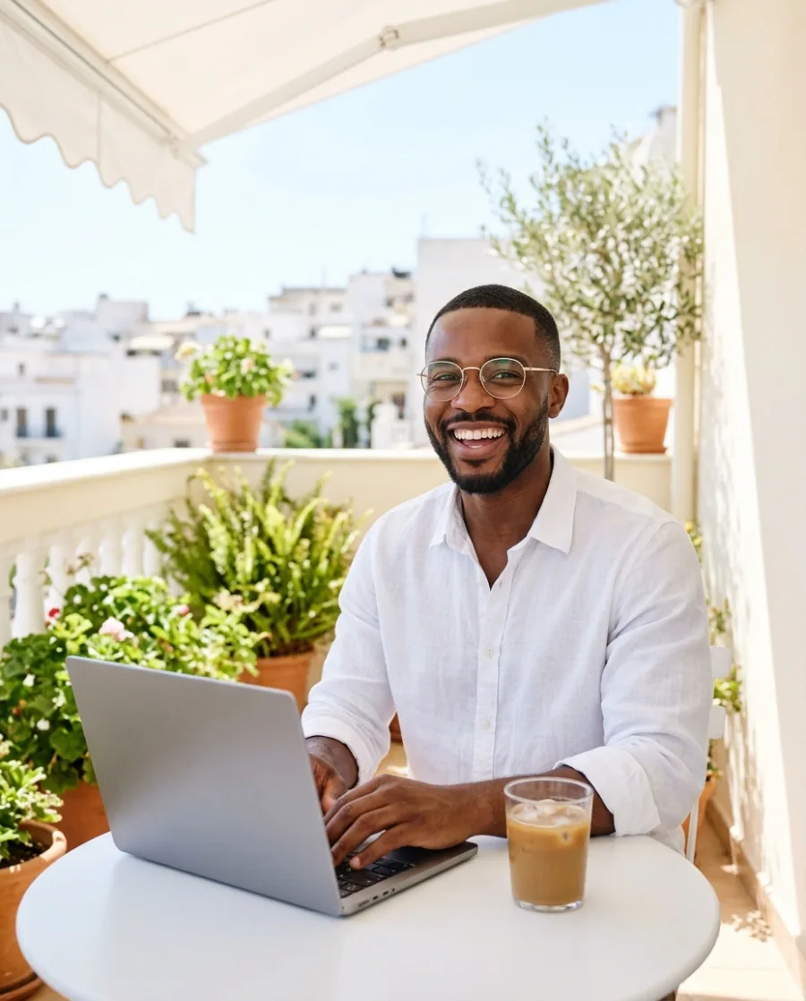A laughing man in glasses works on a laptop at a sunny balcony table with plants, made with AI