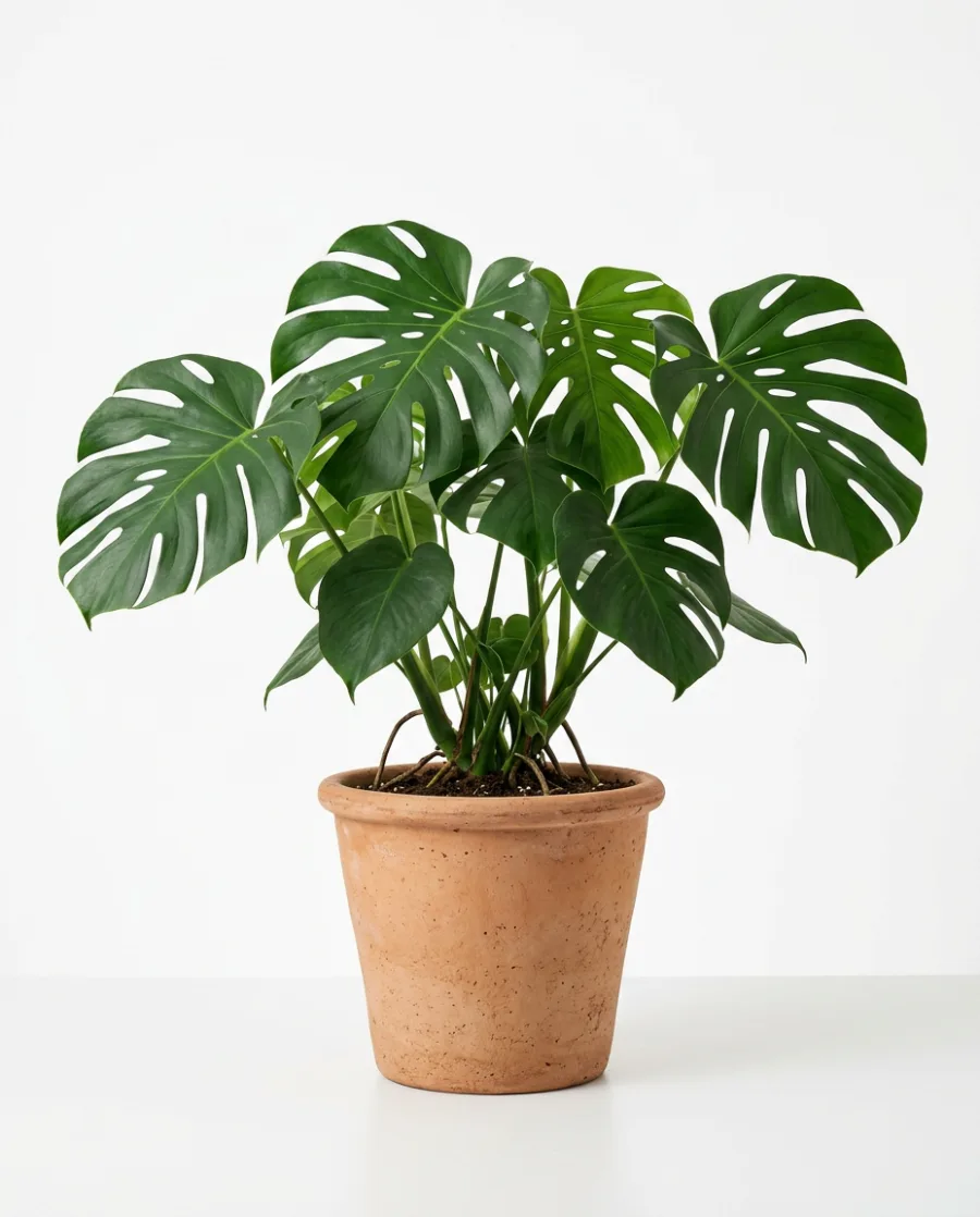 A monstera plant in a terracotta pot on a white background, made with AI