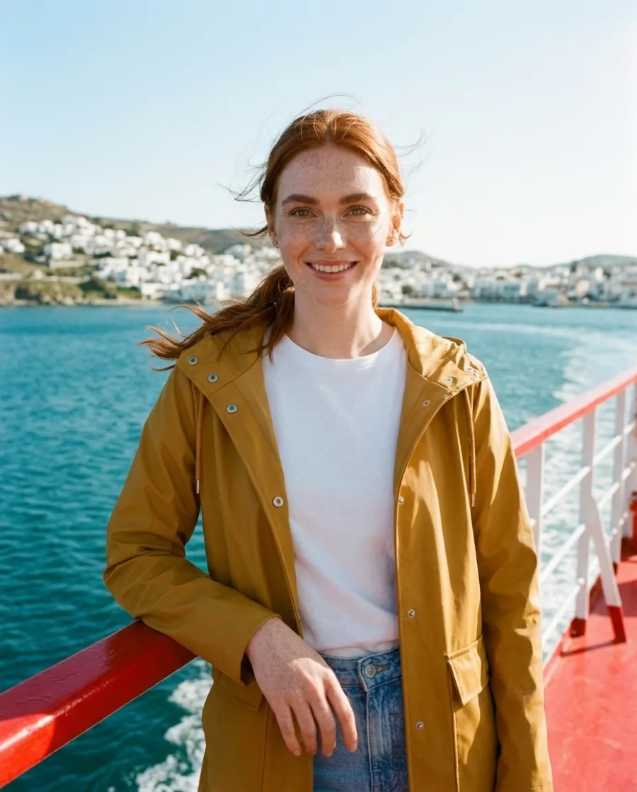 A smiling red-haired woman in a mustard yellow raincoat leans on the red railing of a ferry, with a white town across the blue water, made with AI