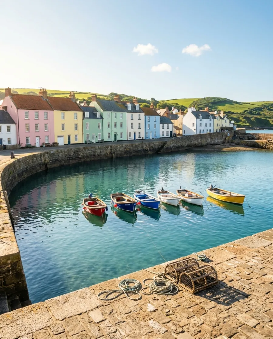 A fishing harbour with pastel pink, yellow and mint houses and small coloured boats on turquoise water in morning sun, made with AI