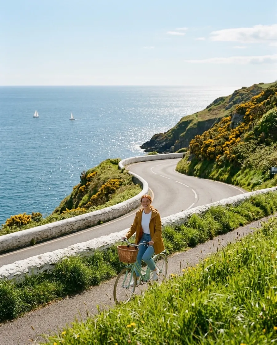 A woman in a mustard yellow raincoat rides a mint green bicycle along a coast road between green cliffs and a blue sea, made with AI