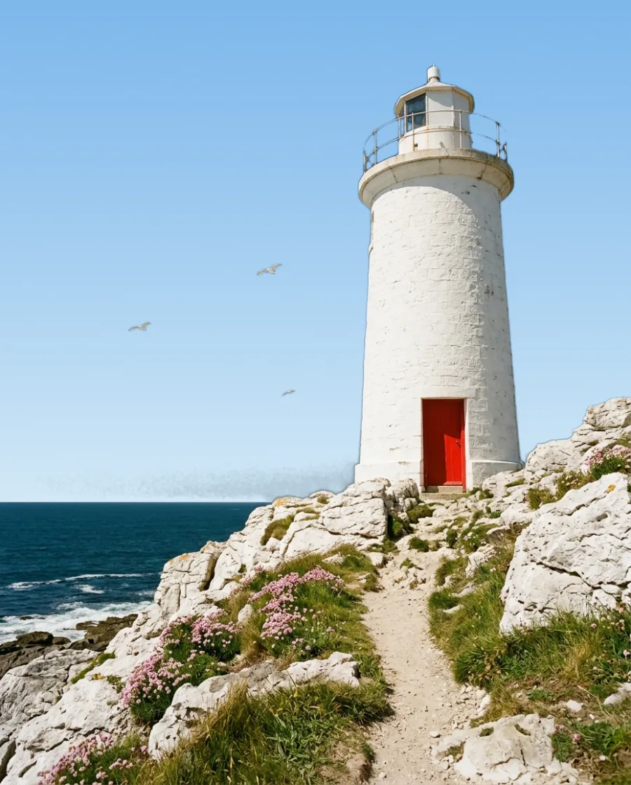 A white lighthouse with a red door on white rocks above a blue sea, with gulls in a clear sky, made with AI
