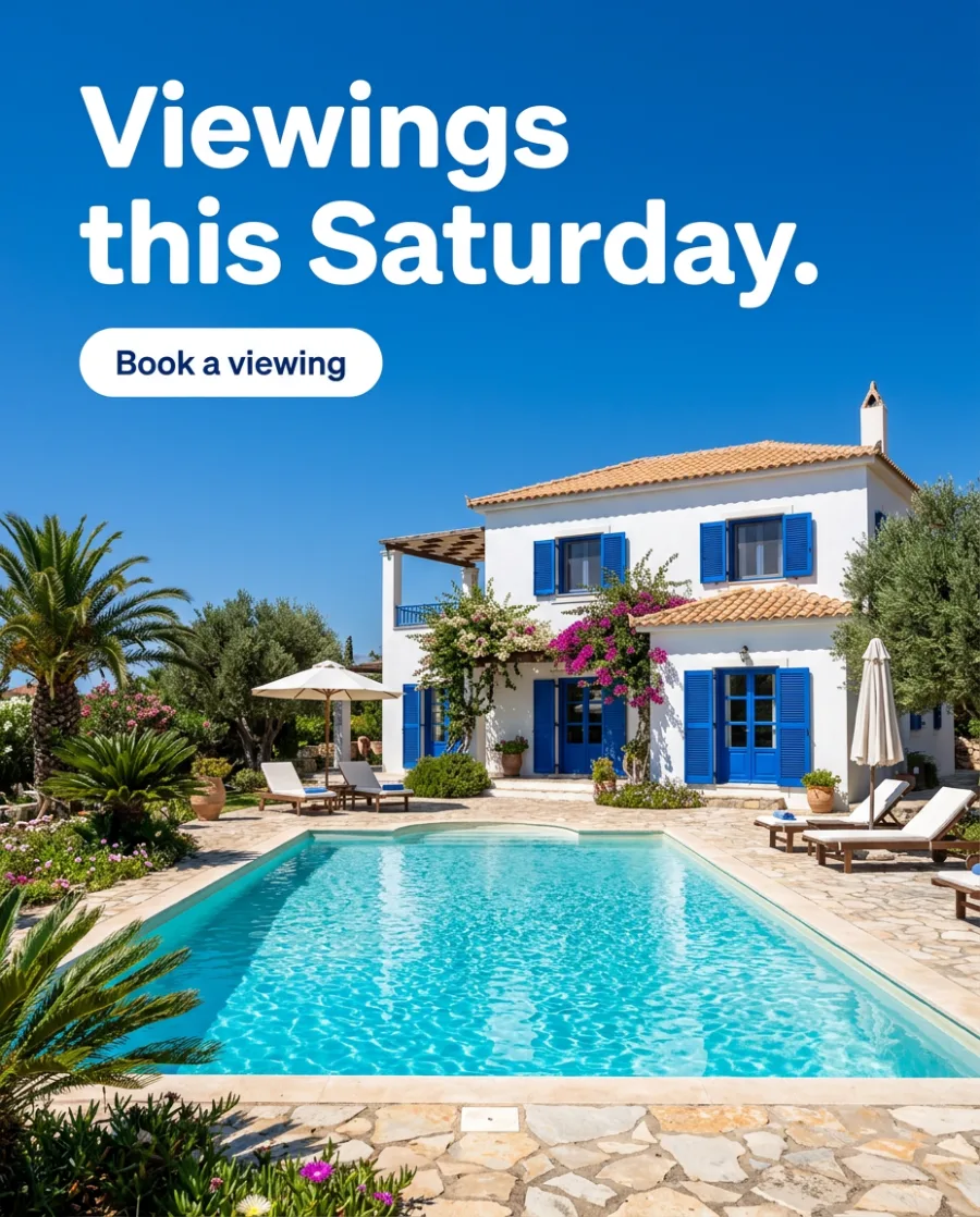 An ad for a white villa with blue shutters and a pool, with the headline Viewings this Saturday, made with AI