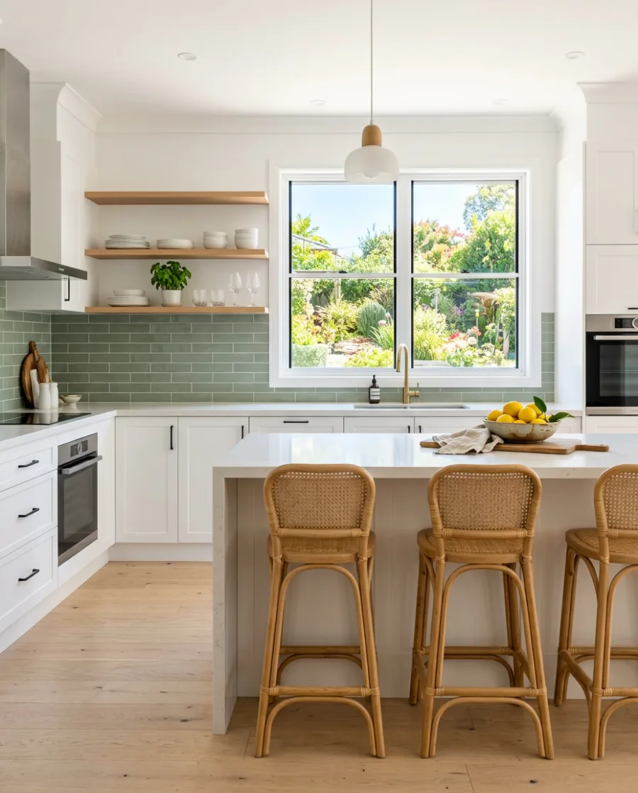 A bright white kitchen with a stone island, rattan stools and a sage green splashback, made with AI