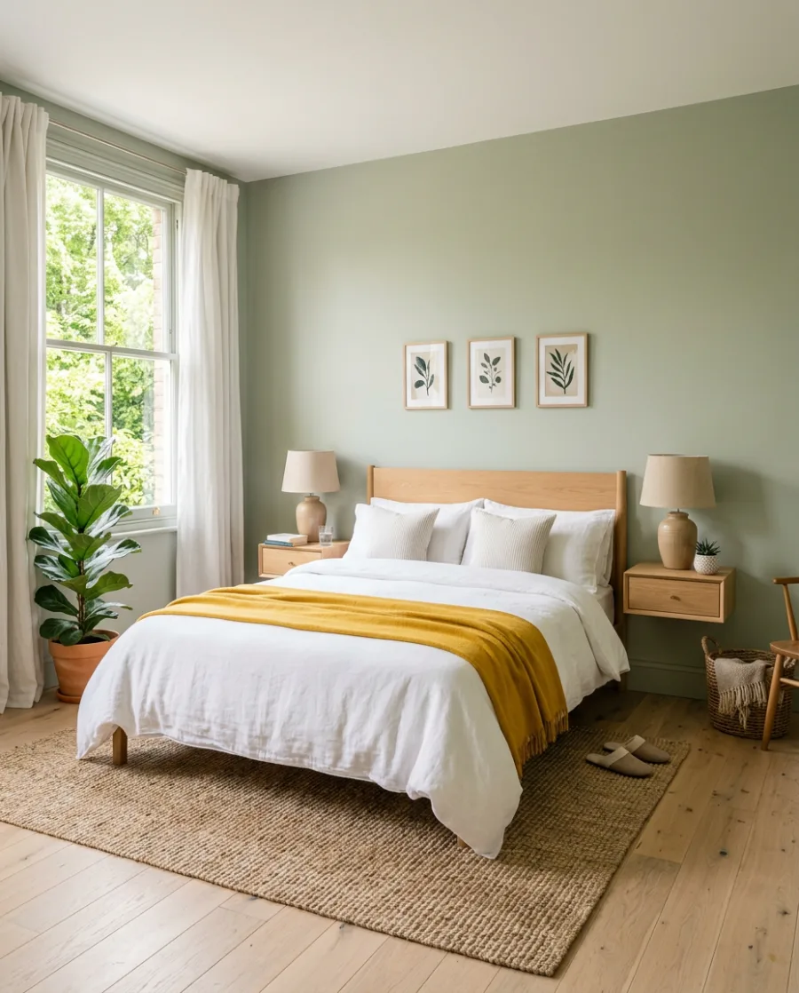 A bedroom with sage green walls, a white bed with a mustard throw and oak bedside tables, made with AI