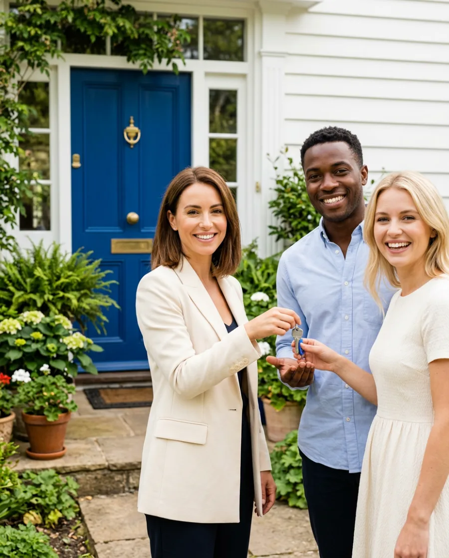 A smiling woman in a cream blazer hands house keys to a happy young couple in front of a blue front door, made with AI