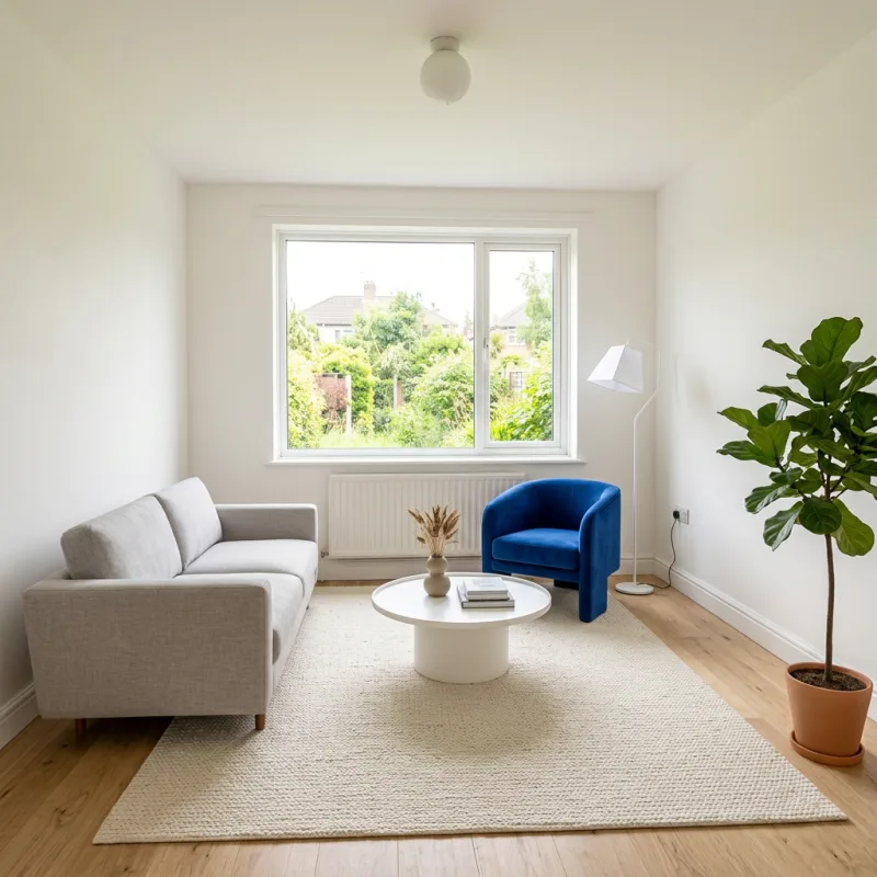 Empty room in. Furnished room out.: Modern, made with AI